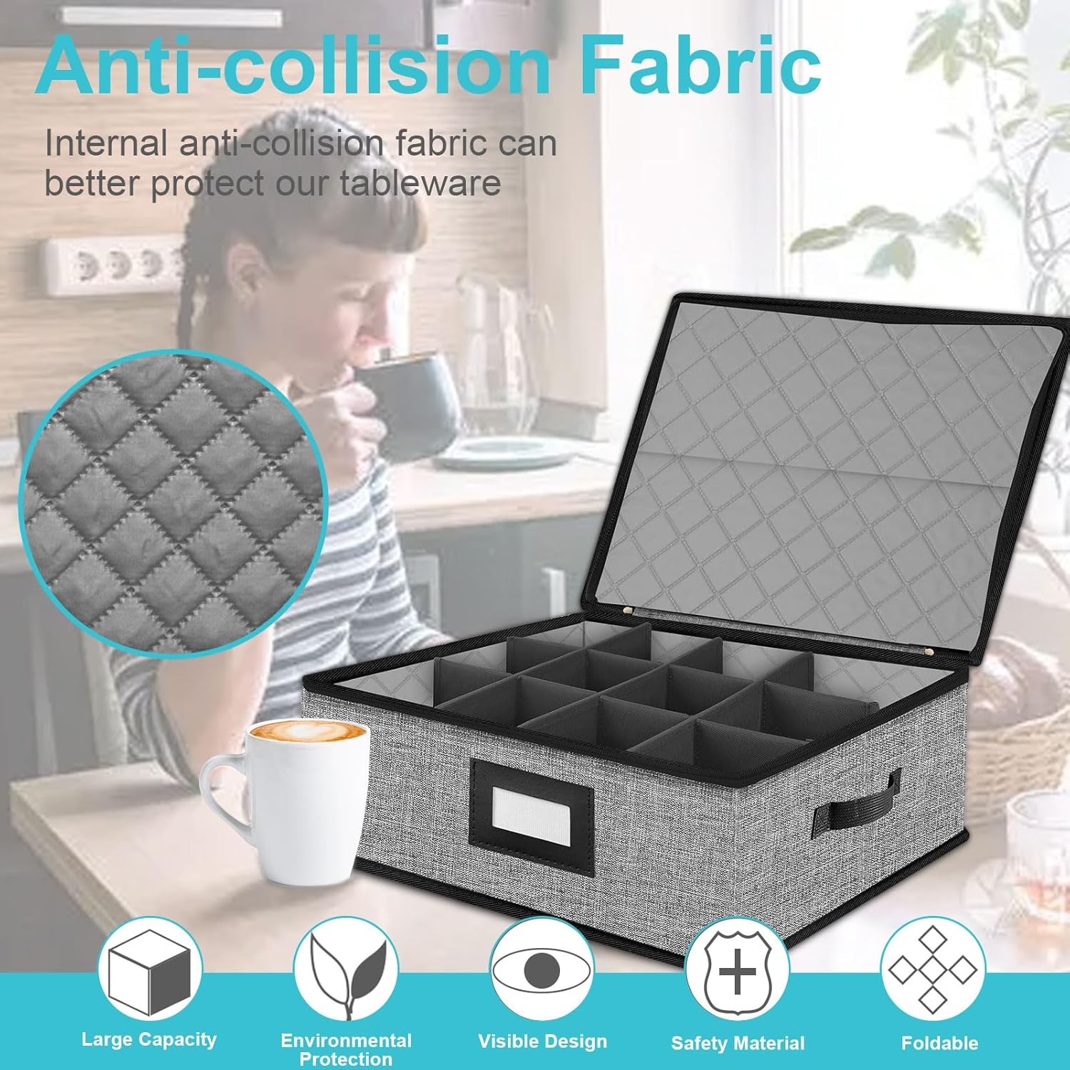 Quilted Mug Cup Storage Box-China Storage Containers Hard Shell,Cup Storage Containers with Lid for Moving Transport,Kichen Dinnerware Storage