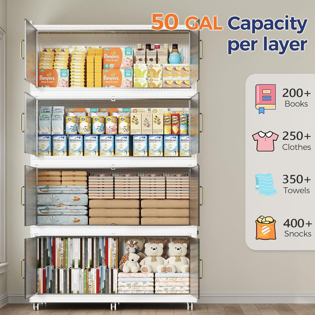200GAL Extra Large Storage Bins with Lid, 800QT Plastic Stackable Storage Bins with 6x Wheels, Collapsible Closet Organizer and Storage Drawer Cabinet for Living Room Office Dorm, 4Pack White