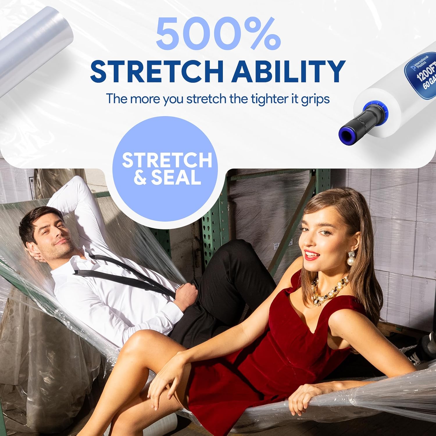 International Plastics Co. 15" Plastic Stretch Film Wrap with Extended Handles 1200ft Each 500% Stretch Clear Cling Durable Adhering Packing Moving Packaging Heavy Duty Shrink