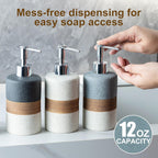 Dish Soap Dispenser Set with Silicone Funnel, Hand Soap, Shampoo, Body Wash, Ceramic Liquid Soap Dispenser for Kitchen and Bathroom Countertops, Stainless Steel Pump, Non Slip, 12 Oz, Black