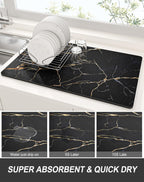 Rnivvi Dish Drying Mat for Kitchen Counter, XL 15 x 24" Cute Marble Absorbent Draining Pad, Non-Slip Heat Resistant Coffee Bar Mats for Coffee Machine Station Accessories, Black Gold Dish Rack Pad