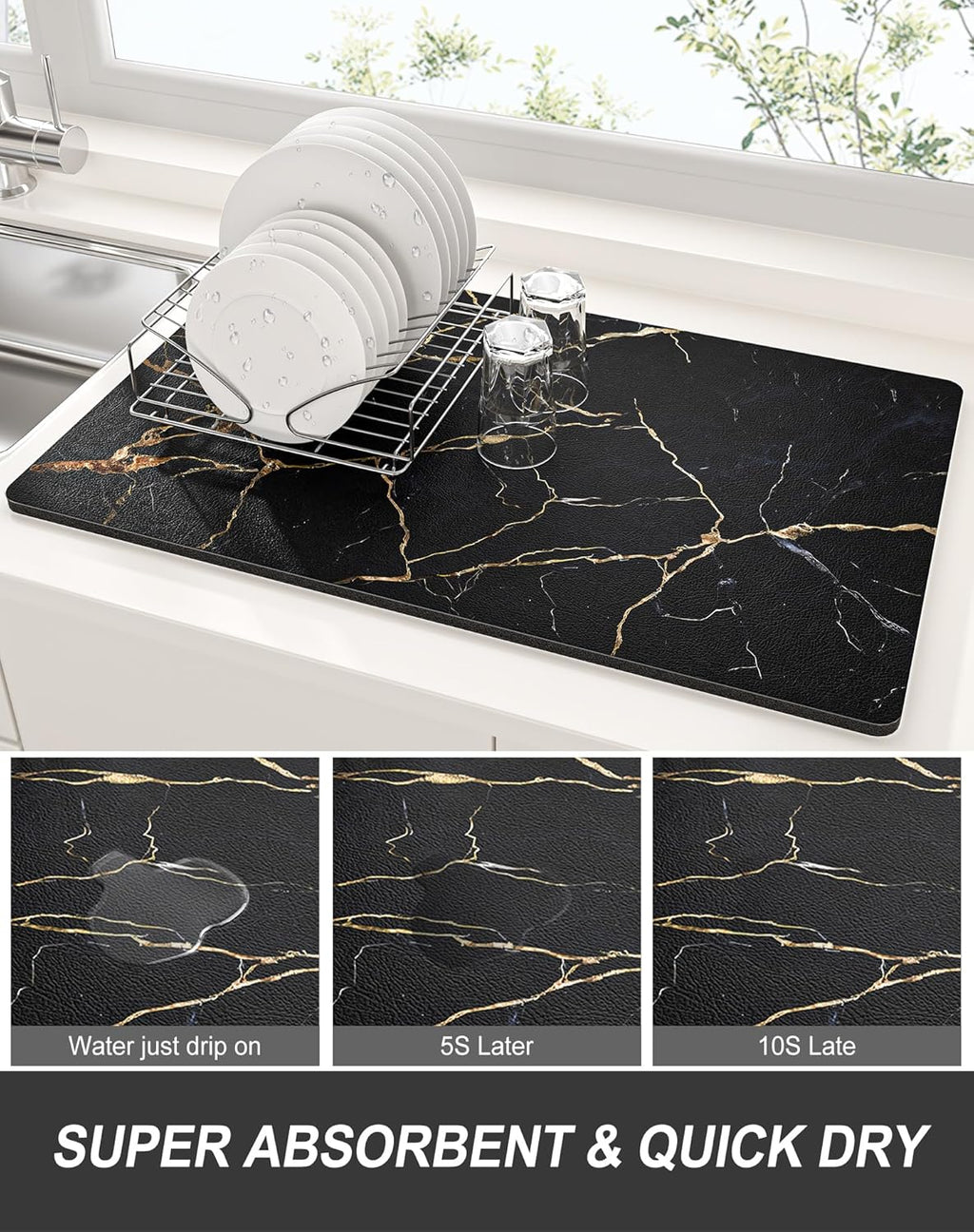 Rnivvi Dish Drying Mat for Kitchen Counter, 12 x 19" Cute Marble Super Absorbent Draining Pad, Non-Slip Heat Resistant Coffee Bar Mats for Coffee Machine Station Accessories, Black Gold Dish Rack Pad