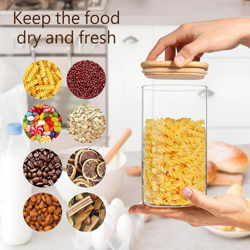 1.6 Qt Square Glass Storage Containers with Lids, Clear Food Storage Container Jar with Sealing Bamboo Lid for Noodles Flour Cereal Rice Sugar Tea Coffee Beans,Square Set of 3