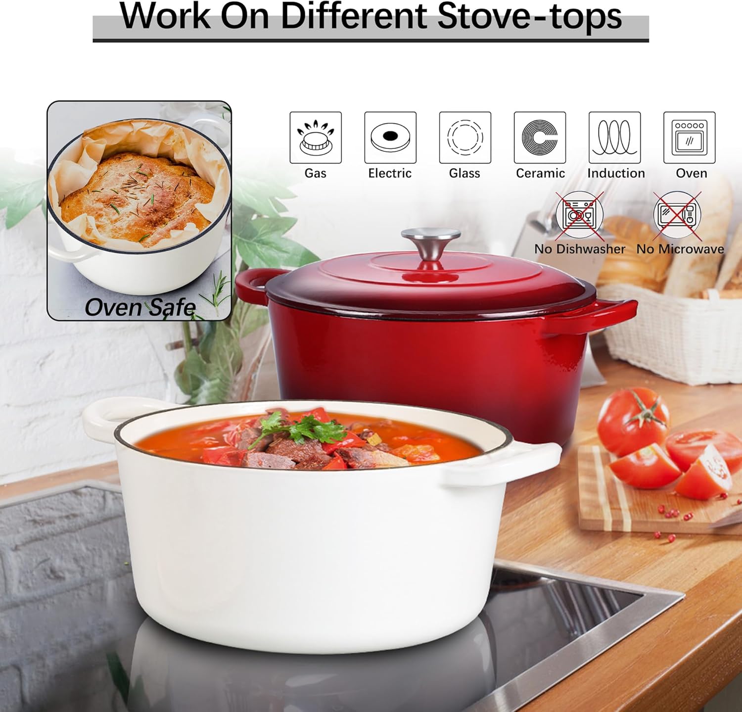 E-far 7QT Enameled Dutch Oven, Cast Iron Dutch Oven Pot with Lid for Cooking/Bread Baking/Braising/Roasting/Stewing, Heavy Duty Round Nonstick Cookware Safe for Induction & Oven - White