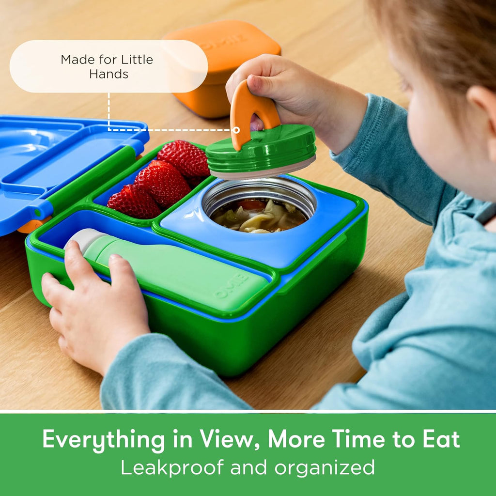 OmieBox Bento Box for Kids - Insulated Bento Lunch Box with Leak Proof Vacuum Insulated Food Jar - 3 Compartments, Two Temperature Zones (Monster Blue)