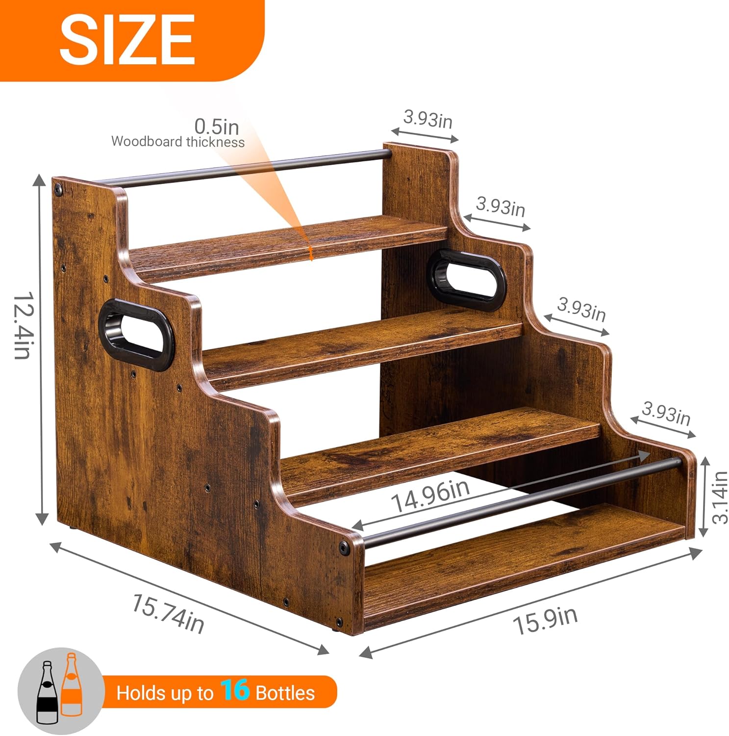 2 Pack 4-Tier Liquor Bottle Display Shelf, 16-Inch Wooden Bar Shelves for Liquor Bottles, Countertop Whiskey Shelf and Bourbon Shelf Organizer for Home Bar, Kitchen (Rustic Brown)