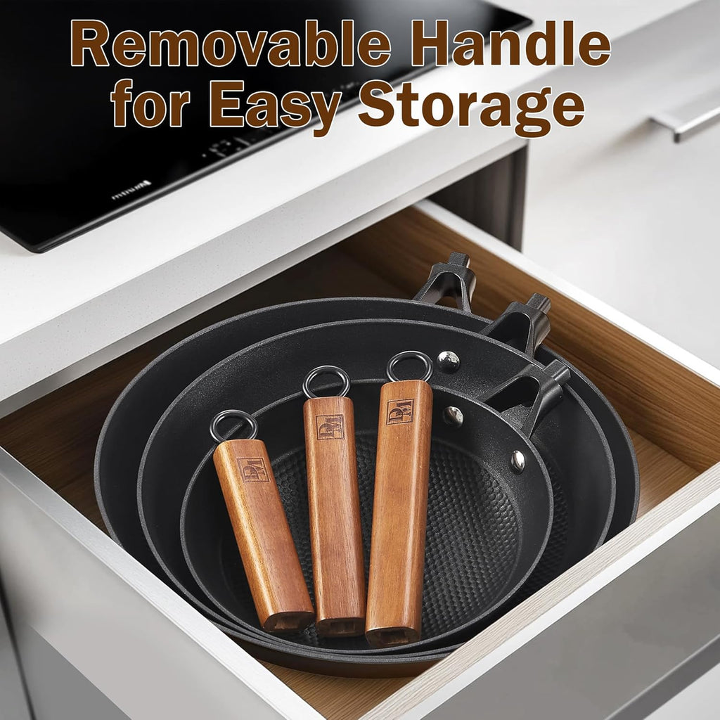 DM Cast Iron Skillet, 3 Piece Nonstick Frying Pan Set, 8” 10” 12” with Detachable Acacia Wooden Handle, Honeycomb Non stick Omelet Egg Pan, Easy Clean Oven Safe Pans for Cooking