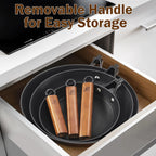 DM Cast Iron Skillet, 3 Piece Nonstick Frying Pan Set, 8” 10” 12” with Detachable Acacia Wooden Handle, Honeycomb Non stick Omelet Egg Pan, Easy Clean Oven Safe Pans for Cooking