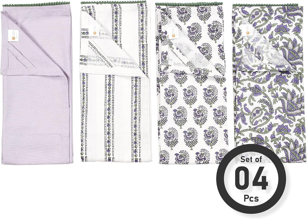 Printed Kitchen Dish Bar and Tea Towels Cotton, 18x28 inch with Trims, Cotton Dish Towel Sets (White & Purple, Set of 4)