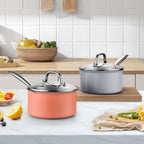 Nonstick Ceramic Saucepan 2.5 Qt,Sauce Pot with Strainer Lid,Two Side Spouts for Easy Pour with Ergonomic Handle,Non Toxic,PTFE &PFOA Free - Oven Safe Compatible with All Stovetops,Perracotta