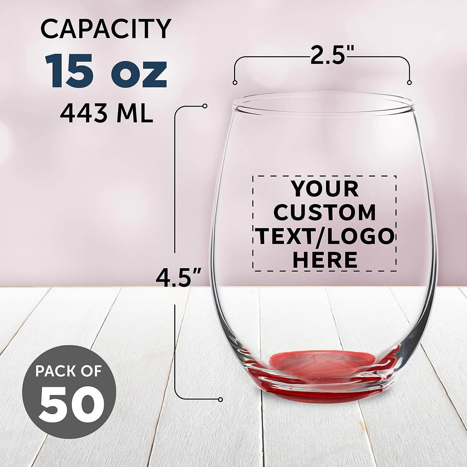 Custom Stemless Wine Glasses in Bulk by ARC Perfection, 15 oz, 50 pack, Personalized Text, Logo, Red or White Wine Glass Set, Red