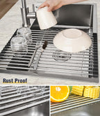 Tomorotec 17.7" x 12.5" Roll Up Dish Drying Rack Over Sink Drying Rack Sink Cover Kitchen Sink Accessories Gadget Multipurpose Organizer Foldable Stainless Steel Drainer