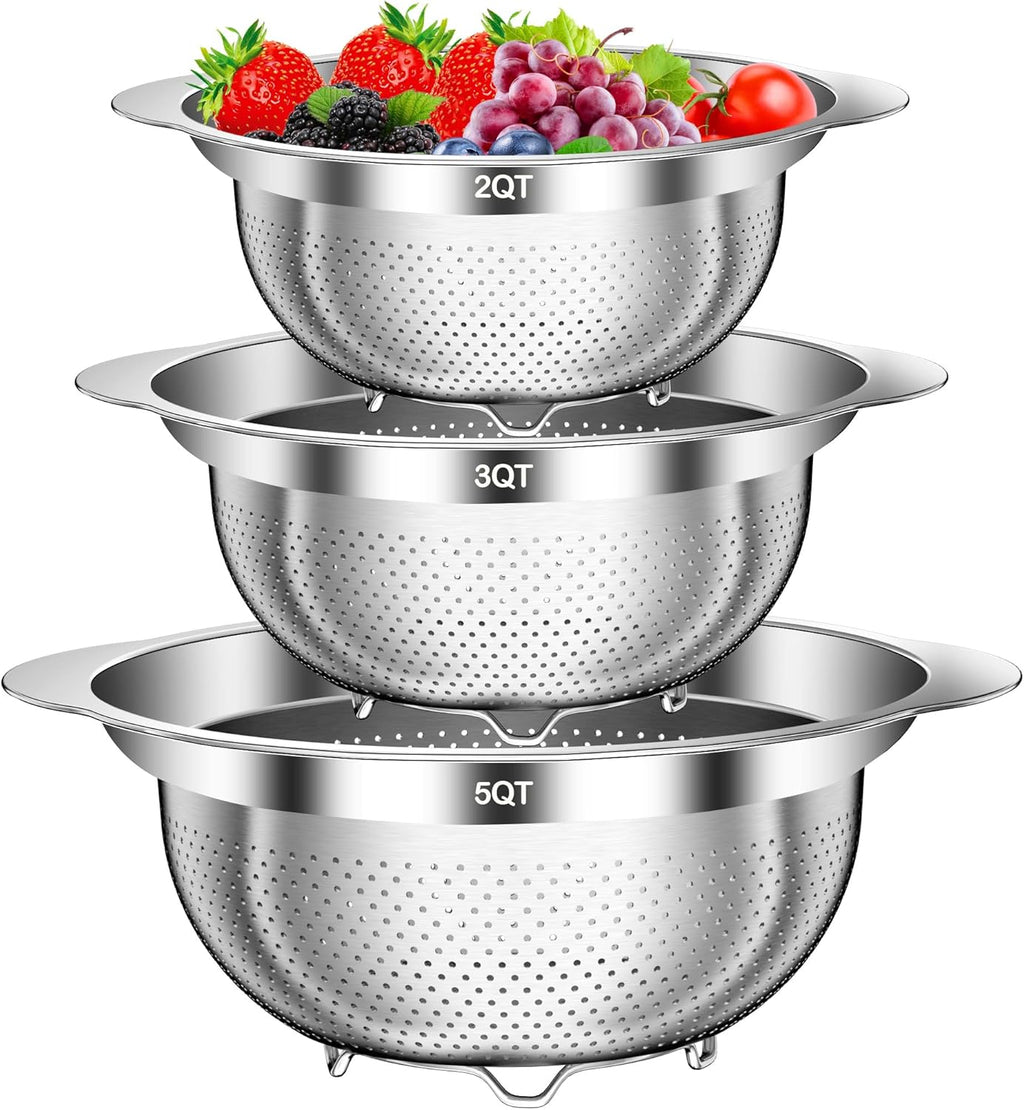 Colander, Stainless Steel Colander for Kitchen, 3Pcs Kitchen Gadget Food Strainer Basket with Handle, Kitchen Strainer Colanders Bowl for Pasta Noodles Spaghetti Vegetables Fruit (2QT, 3QT, 5QT)