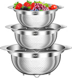 Colander, Stainless Steel Colander for Kitchen, 3Pcs Kitchen Gadget Food Strainer Basket with Handle, Kitchen Strainer Colanders Bowl for Pasta Noodles Spaghetti Vegetables Fruit (2QT, 3QT, 5QT)