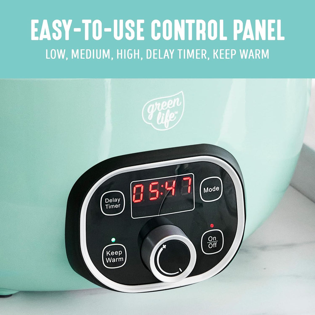 GreenLife 6 Quart Ceramic Slow Cooker, PFAS-Free, Programmable, Removable Healthy Nonstick Pot for Family Meals, Sear on Stovetop, Keep Warm, Digital Timer, Dishwasher Safe Glass Lid, Turquoise