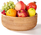 Honey Brown Natural Rattan Bread Basket Set of 3 - Handwoven Round Wicker Serving Bowls for Fruit, Snacks, Kitchen Counter Organizing | Stackable Farmhouse Decor