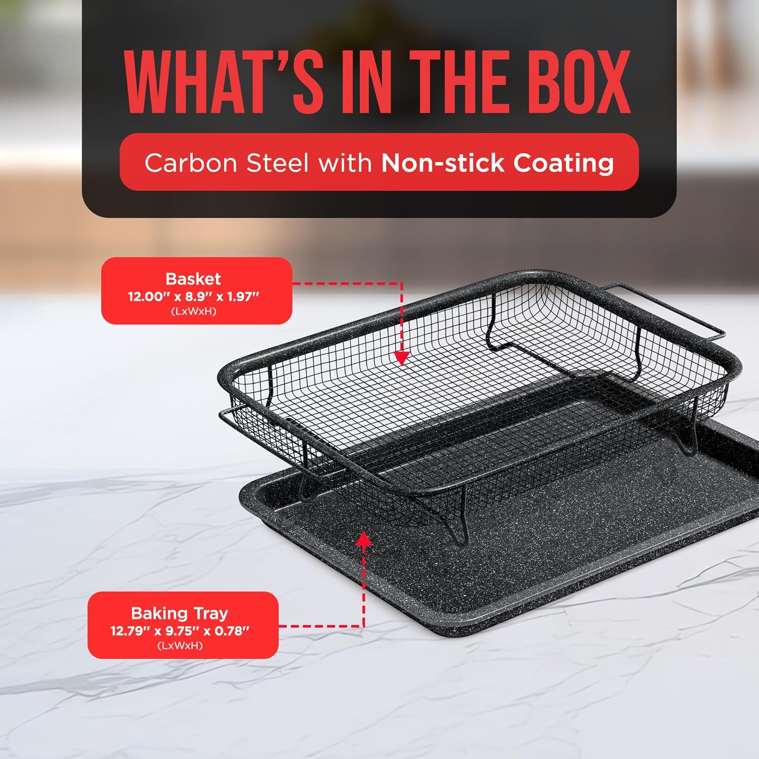 Bakken Swiss Crisper Tray - 2-Piece Set – Gray Marble, Non-Stick Basket Design for Healthier Cooking in Regular Ovens - Achieve Perfectly Crispy Chips, Bacon and More