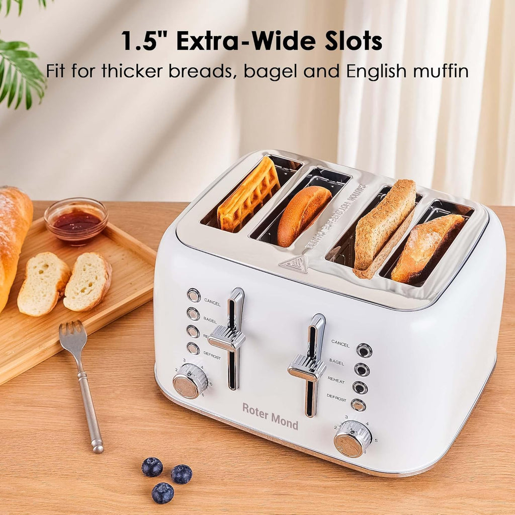 Toaster 4 Slice Retro Stainless Steel with Extra Wide Slots Bagel, Defrost, Reheat Function, Dual Independent Control Panel, Removable Crumb Tray, 6 Browning Levels, White