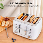 Toaster 4 Slice Retro Stainless Steel with Extra Wide Slots Bagel, Defrost, Reheat Function, Dual Independent Control Panel, Removable Crumb Tray, 6 Browning Levels, White