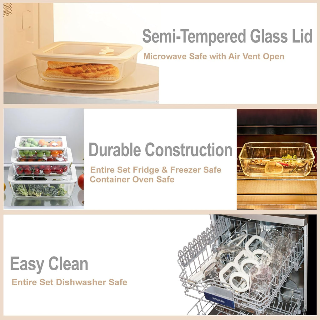 Urban Green Glass Food Container Set with Glass Lid, 4 Pack, Food Storage Containers Set, Airtight, LeakProof, 100% Plastic Free, Meal Prep Containers (White Color)