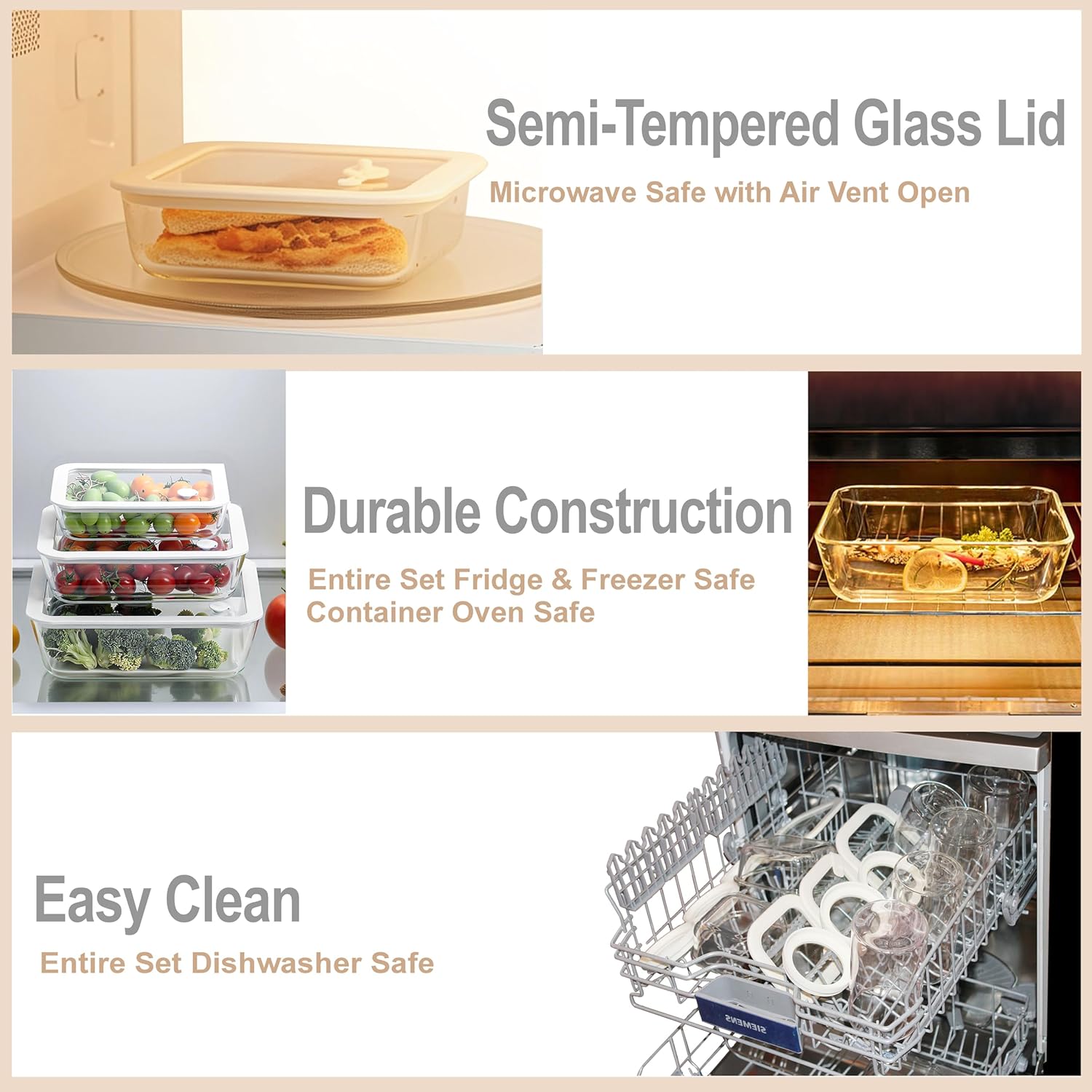 Urban Green Glass Food Container Set with Silicone Glass Lid, 3 Pack, Airtight, LeakProof, 100% Plastic Free, Meal Prep Containers (White Color)