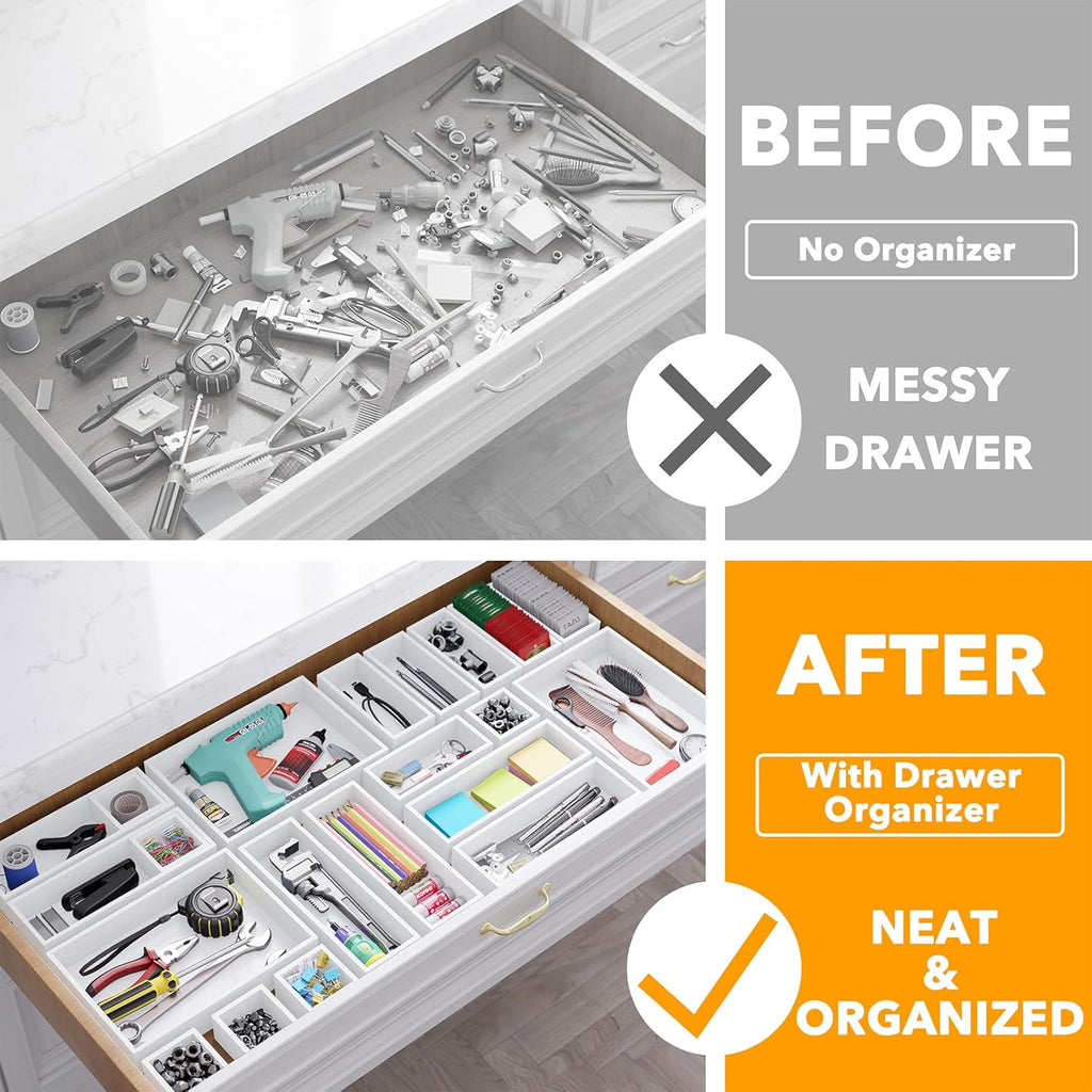 SpaceAid 21-Piece Bamboo Drawer Organizer Storage Boxes Set, Wood Tray Junk Drawer Organizers Multi-Use Divider Bins for Kitchen, Bathroom, Office Desk and Makeup Organization (21 Pack, White)