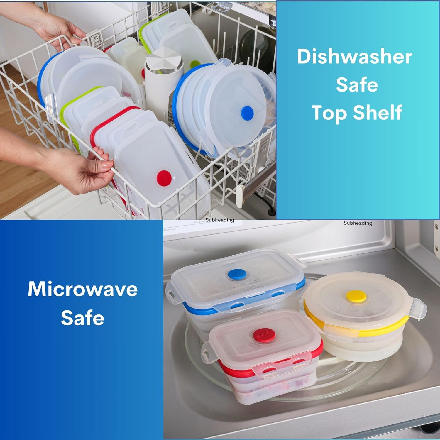 Collapsible Silicone Food Storage Containers, BPA Free, Microwave, Freezer and Dishwasher Safe, Lunch, Meal Prep, Travel, Space-Saving