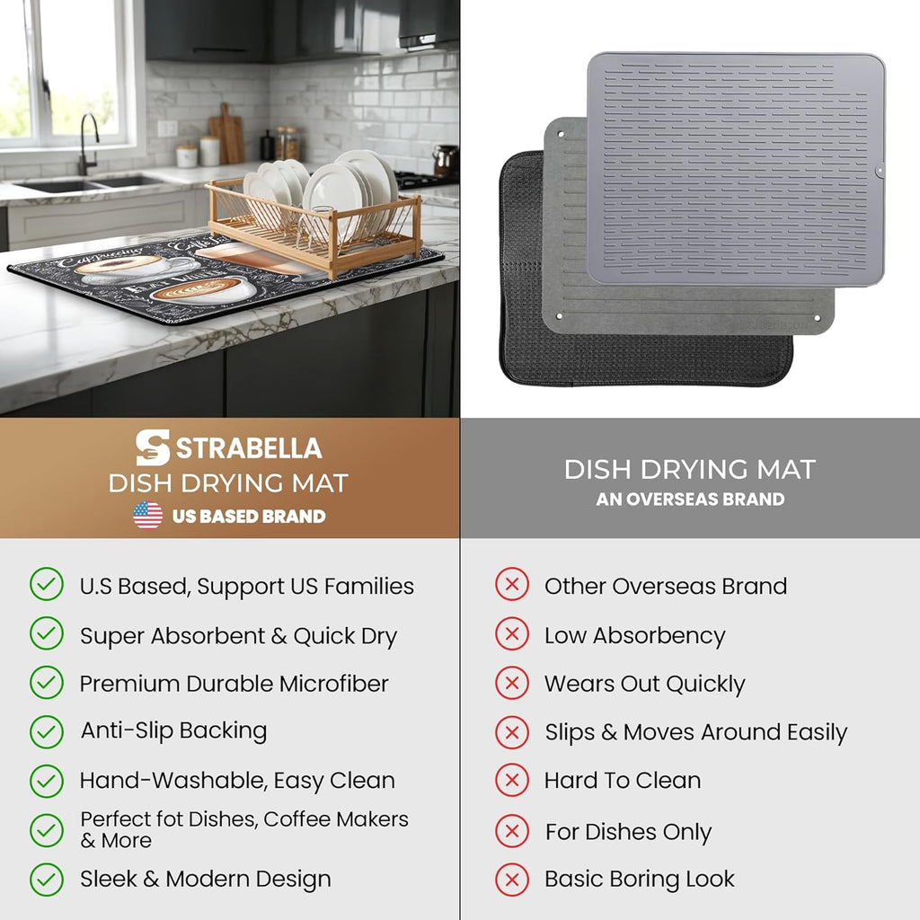 Dish Drying Mat Super Absorbent – 12" x 18" Coffee Mat for Countertops – Non-Slip Drying Mat for Kitchen Counter – Easy to Clean Water Absorbent Mat – Quick Dry Dish Drying Mats (Americano)