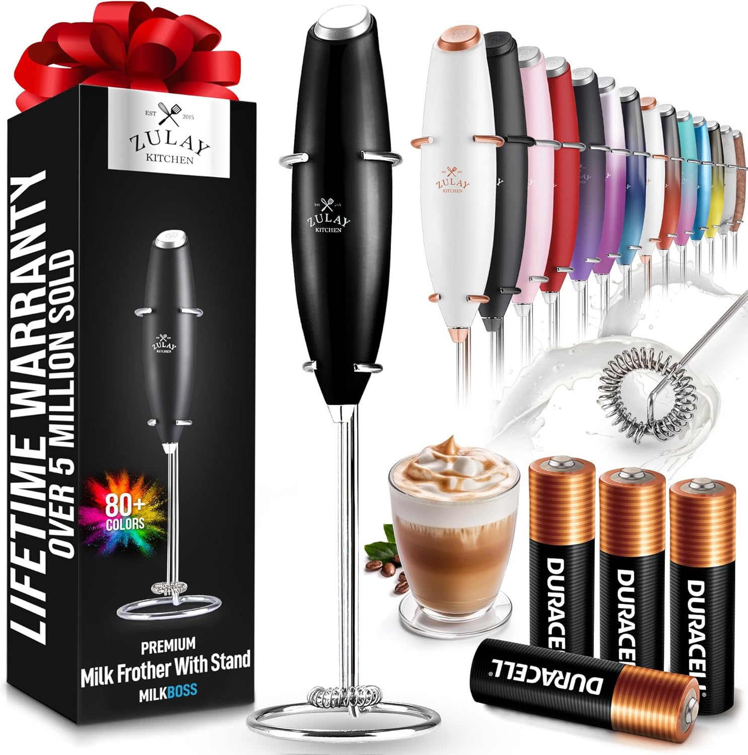 Zulay Kitchen Powerful Milk Frother Wand With 4 AA Duracell Batteries - Ultra Fast Handheld Drink Mixer - Electric Whisk Foam Maker for Coffee, Lattes, Cappuccino, Matcha & Creamer -