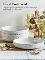 YHOSSEUN 9.75" Pasta Bowls Set of 4, 50 OZ Large Salad Bowl Pasta Plates, Ceramic Serving Bowl Plate White Soup Bowls, Embossed Morning Glory