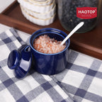 HAOTOP 8 oz Sugar Bowl with Lid and Spoon,Ceramic Sugar Jar Sugar Dispenser Sugar Container Coffee Bar Accessories, Kitchen Countertop Canisters (Navy)