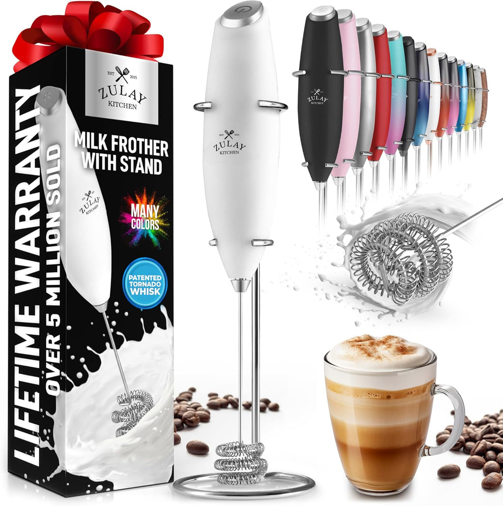 Zulay Kitchen Milk Frother with Patented Tornado Triple Whisk – Handheld Foam Maker for Coffee, Lattes, Matcha & Hot Chocolate – Rich, Creamy Froth in Seconds -
