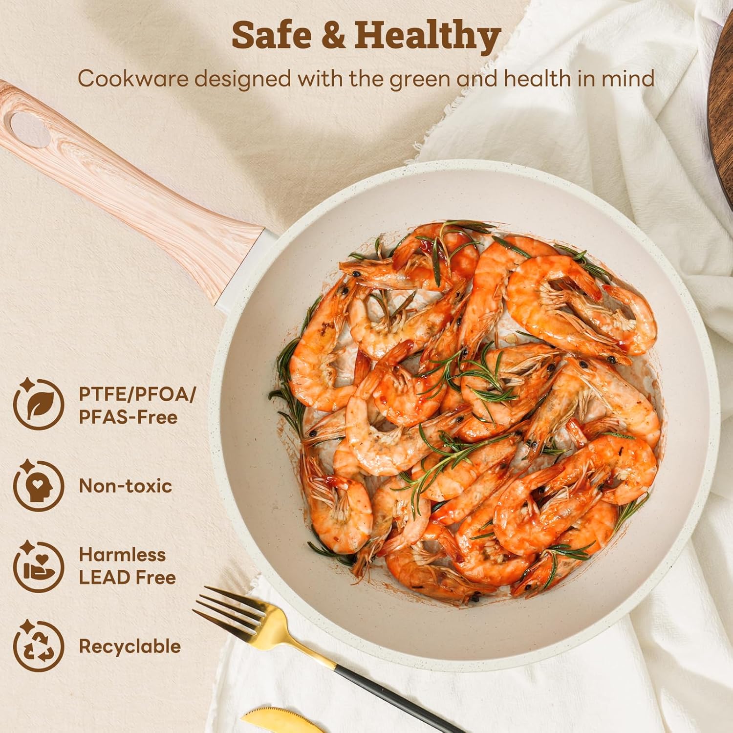 17 Pcs Pots and Pans Set Non stick，Cookware Sets White Granite Induction Cookware, Non-toxic Healthy Non Stick Kitchen Cooking Set with Frying Pans Set, Saucepans (PFAS, PFOA, PFOS Free) White