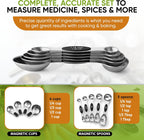 Spring Chef Magnetic Measuring Cups & Spoons Set (Patent Pending), Strong N45 Magnets, Heavy Duty Stainless Steel Fits in Spice Jars for Baking & Cooking, BPA Free, Round Set of 9, Black