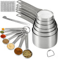 Measuring Cups and Spoons Set 15, 6 Stainless Steel Measuring Cups and 7 Spoons &1Leveler &1Magnetic Conversion Chart, Metric&US Metal Measuring Tools for Baking & Kitchen
