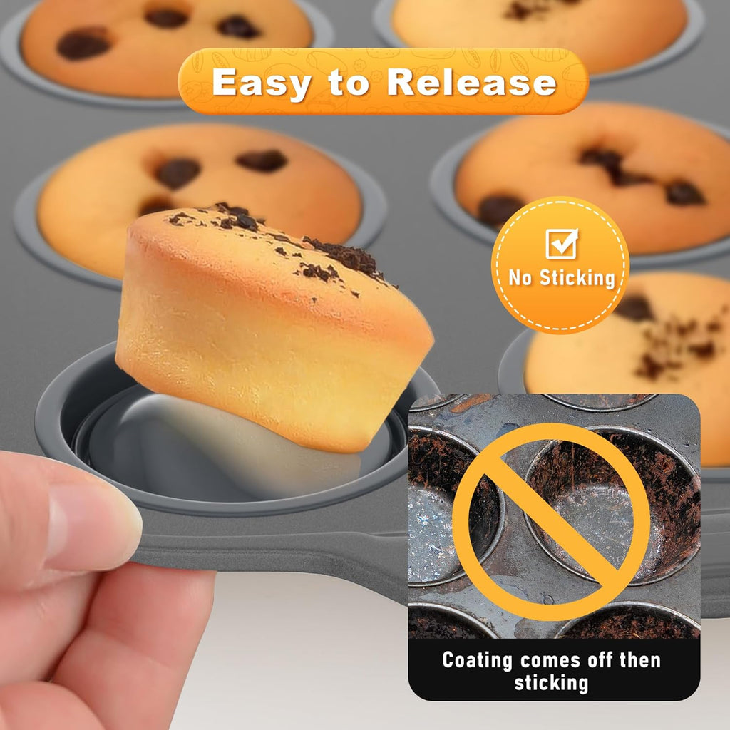 The Muffin Pan With Metal Frame & Foldable Sillicone Cups, Sturdy and Nonstick Muffin Pan Food Grade Silicone Molds (Grey, 1 Pack)