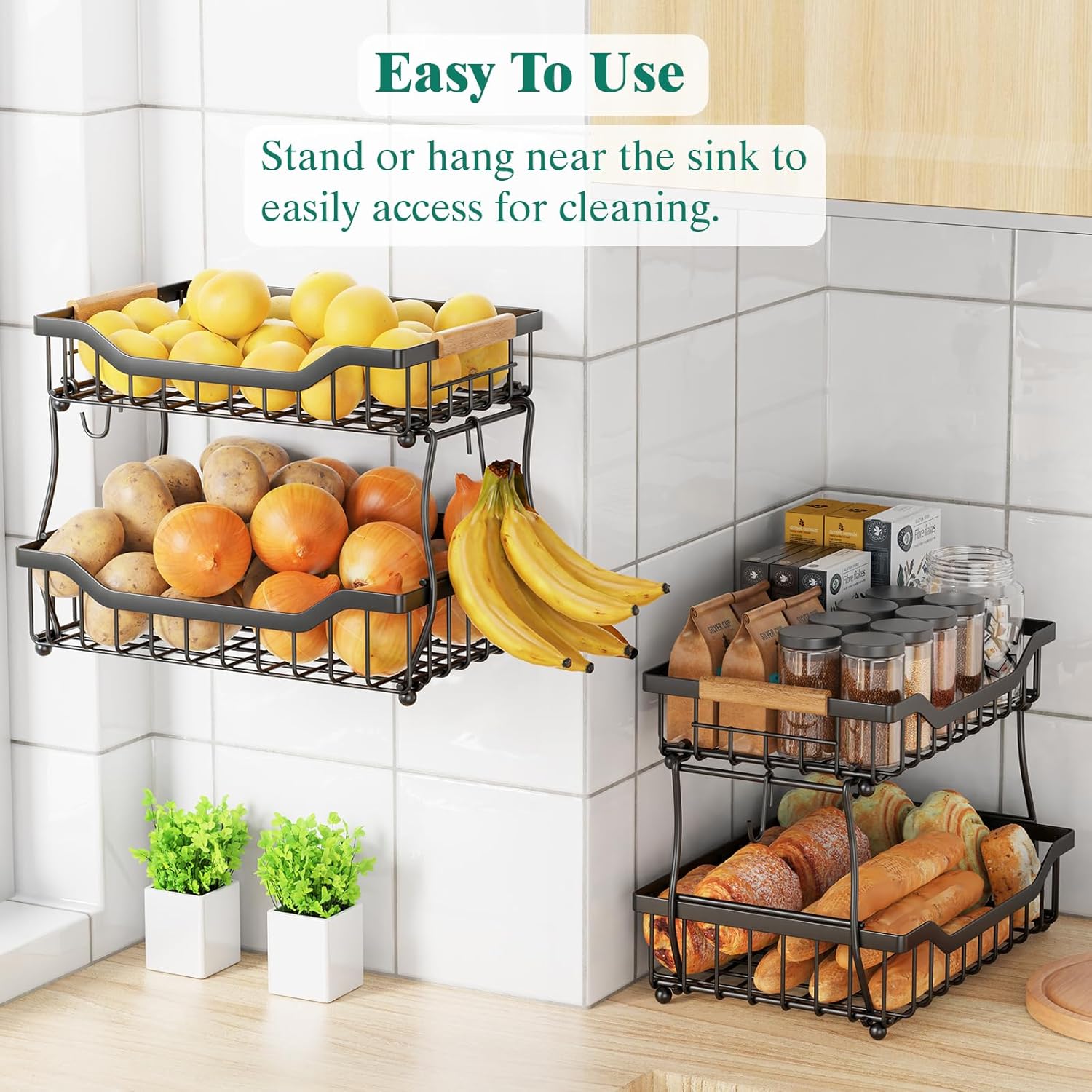 Giwil 2 Tier Countertop Fruit Basket for Kitchen, Vegetable Storage Bread Fruit Bowl Stand with 2 Banana Hangers, Wall Mounted Metal Wire Basket Organizer for Potato Onion, Black