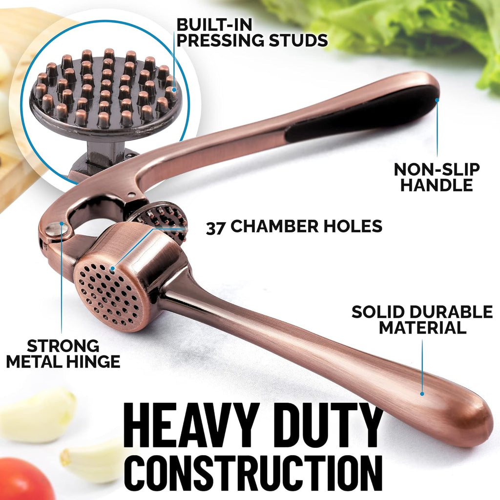 Zulay Kitchen Premium Garlic Press Set - Rust Proof & Dishwasher Safe Professional Garlic Mincer Tool - Easy-Squeeze, Easy-Clean with Soft, Ergonomic Handle - Silicone Garlic Peeler & Brush (Copper)
