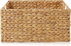 Casafield Set of 4 Water Hyacinth Pantry Baskets, 10" x 13" x 5", with Chalkboard Labels and Chalk Marker - Natural, Woven Storage Bin Organizers for Kitchen Shelves