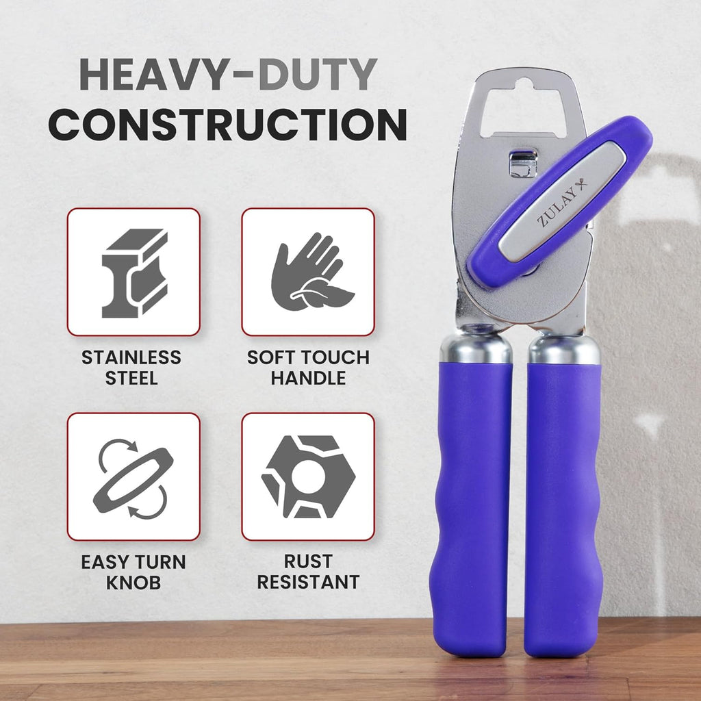 Zulay Kitchen Heavy Duty Stainless Steel Can Opener Manual with Bottle Opener - Rust Proof Manual Can Opener With Turn Knob & Comfy Soft Grip Handles - Purple