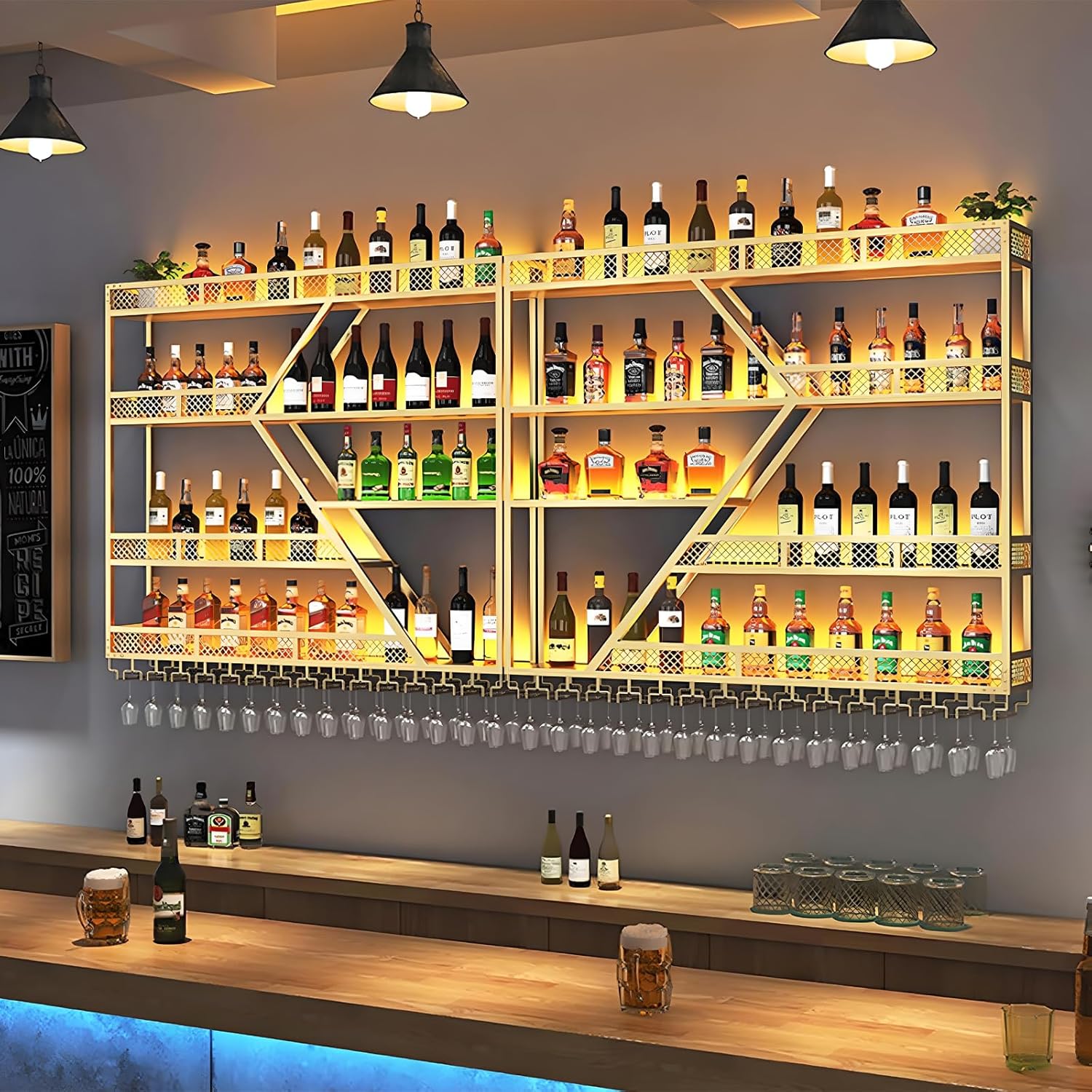 79in Metal Wine Rack Wall Mounted, Modern Wine Storage Rack Wall Mounted with Wine Glass Holder, Liquor Shelf, Bar Shelves for Liquor Bottles (4 Tiers Gold, 79 * 7.87 * 48.5INCH)