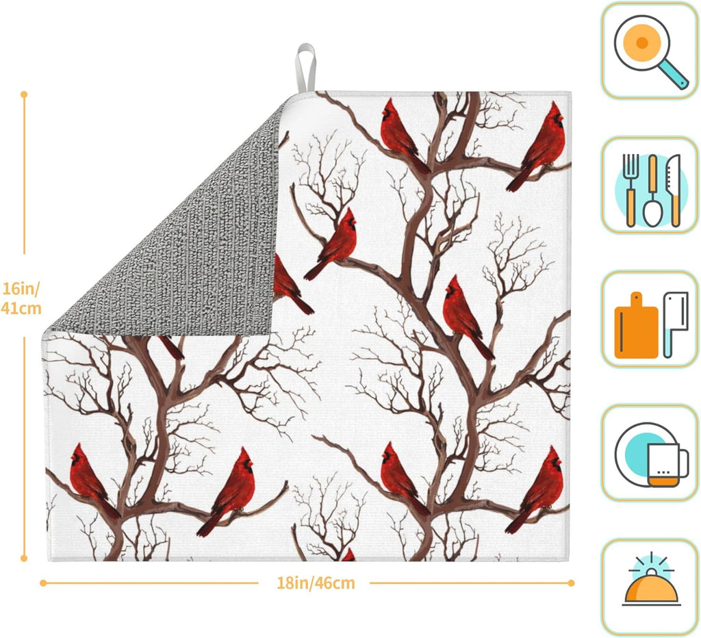 Winter Cardinal Birds Dish Drying Mat for Kitchen Counter Washable Absorbent Drying Mat Reversible Microfiber Drying Pad Home Holiday Decor Kitchen Accessories 16"x18"