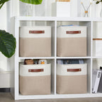 DULLEMELO 11 inch Cube Storage Bins, Large Collapsible Grey Storage Baskets for Square Cubes Organizing, Fabric Boxes Bins for Shelves Nursery Home Office Storage(4 Pack - 11" White&Khaki)
