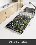 Rnivvi Dish Drying Mat for Kitchen Counter, 12 x 19" Cute Flower Theme Super Absorbent Draining Pad, Non-Slip Heat Resistant Coffee Bar Mat for Coffee Machine Station Accessories, Black Dish Rack Pad