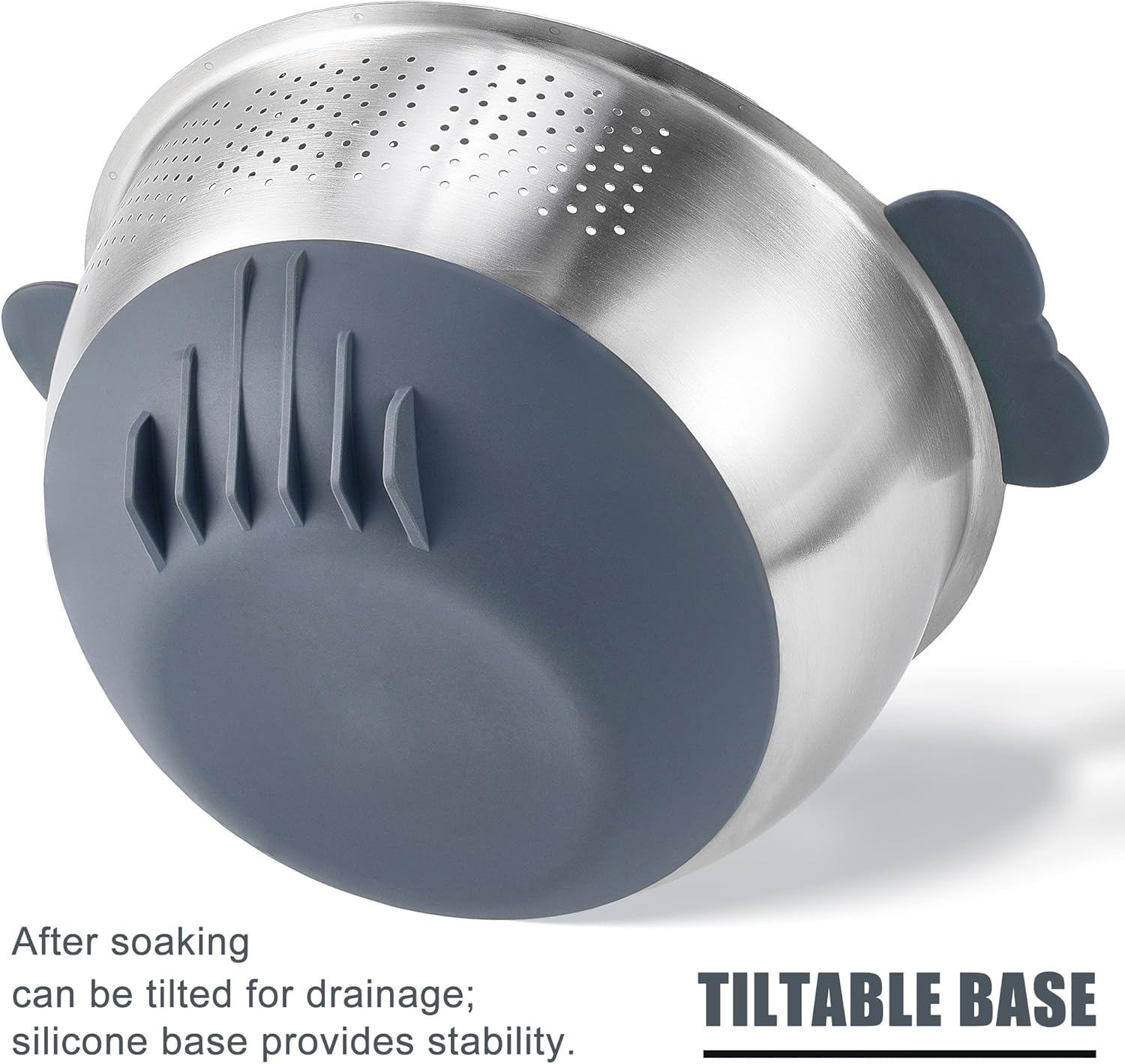 Rice Washer Strainer Bowl Quinoa Washing Bowl 18/10 Stainless Steel Colander Versatile Good Grips Side Drainers for Cleaning Rinsing Fruits, Vegetables, and Beans - Tilting Non-slip Silicone Bottom
