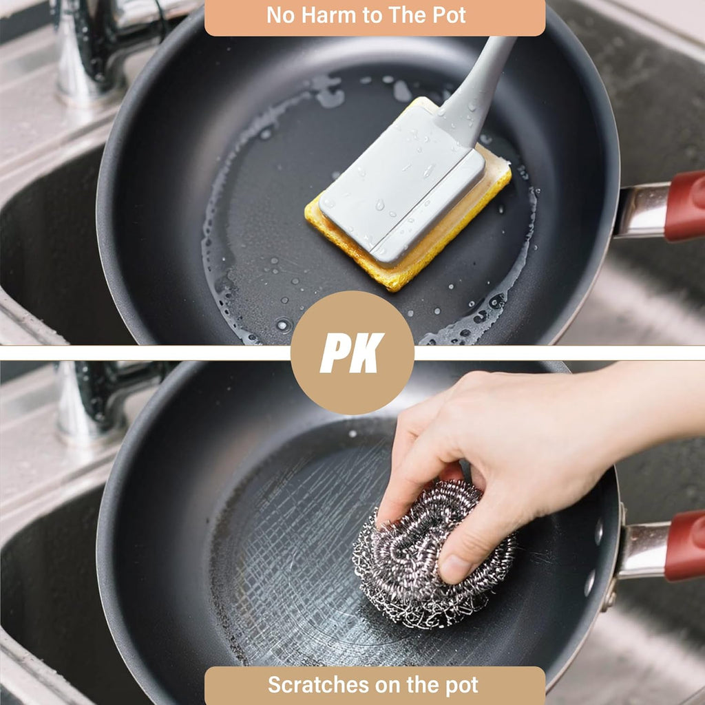 Dish Brush with Handle,Non-Scratch Household Cleaning Brushes Dishwand with 5 Sponge Refills for Pans, Pots, Sink & Tubs,Grey