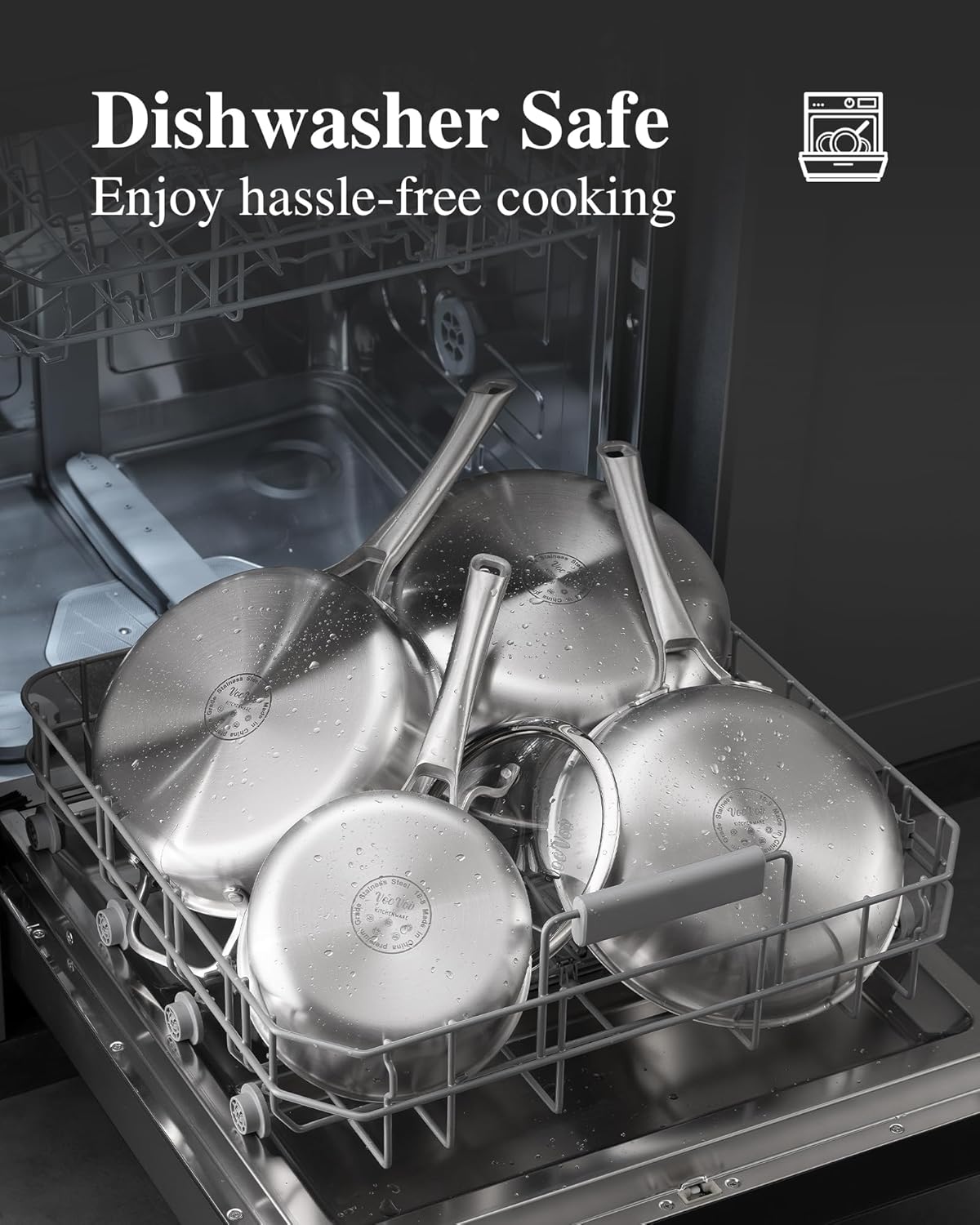 12 inch Tri-Ply Stainless Steel Frying Pan with LID,PFOA&PTFE Free Skillets,Chef's Pans,Dishwasher and Oven Safe Cookware, Works on Induction,Ceramic and Gas Cooktops