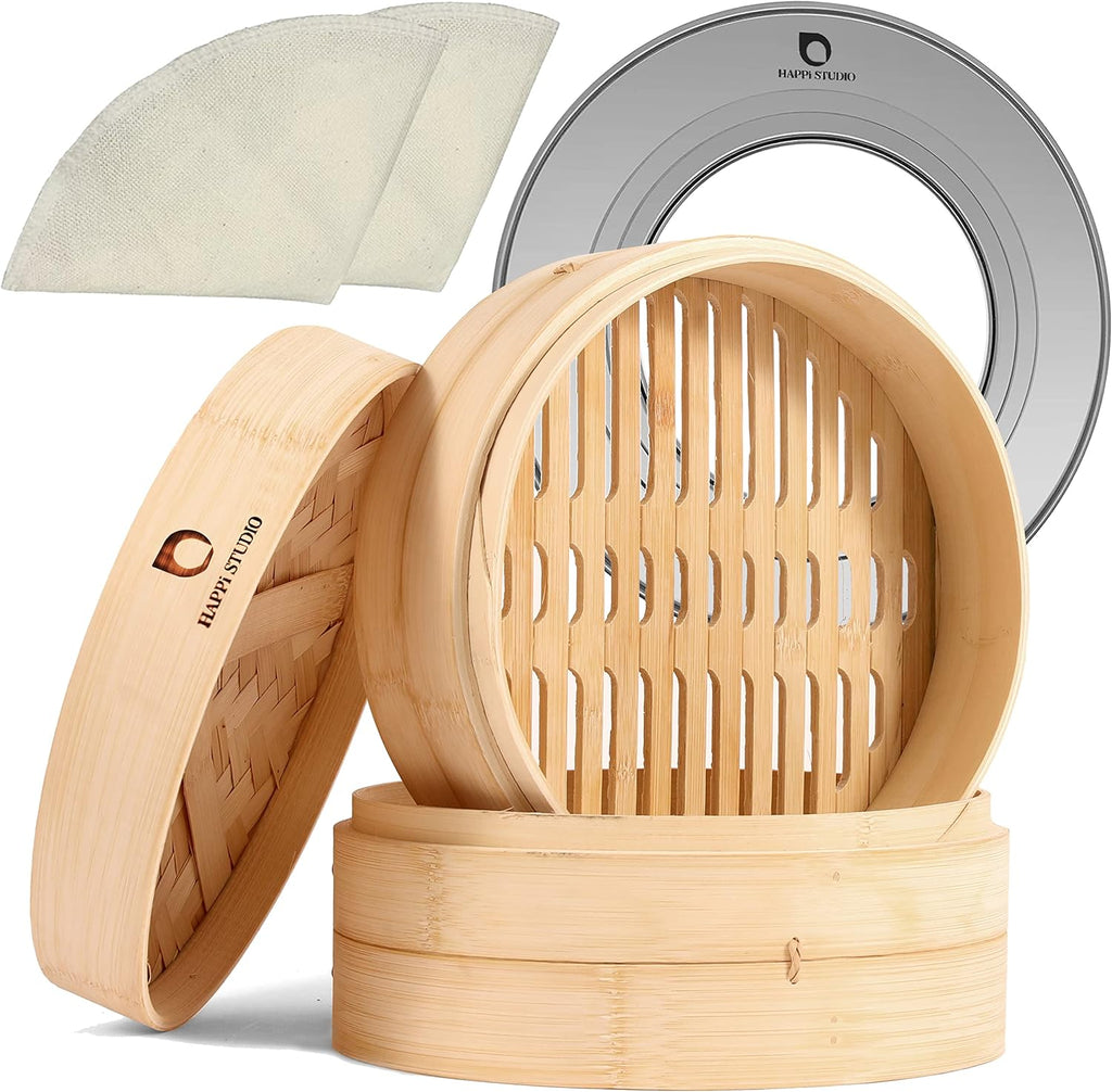 Bamboo Steamer Basket - 10 Inch 2-Tier Bamboo Dumpling Steamer for Cooking Dim Sum, Momo, Rice - Bao Bun - Natural Chinese Steam Baskets with Stainless Steel Ring Set