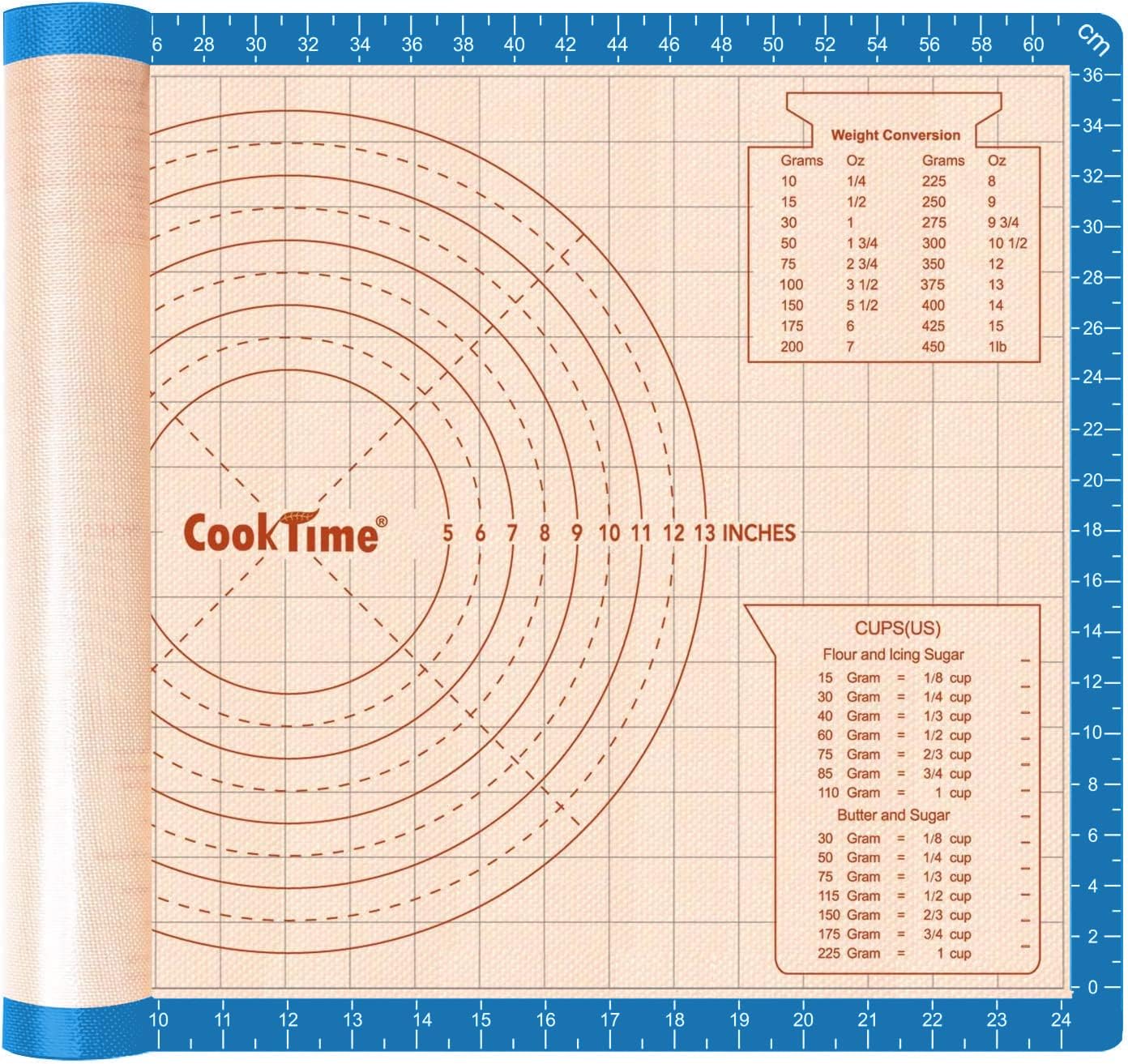 Silicone Pastry Baking Mat Non Stick-Large Rolling Dough with Measurements-Non Slip Pizza,Fondant,Pie,Cake Baking Mat - 26 x 16 Inch By Cook Time(Blue)