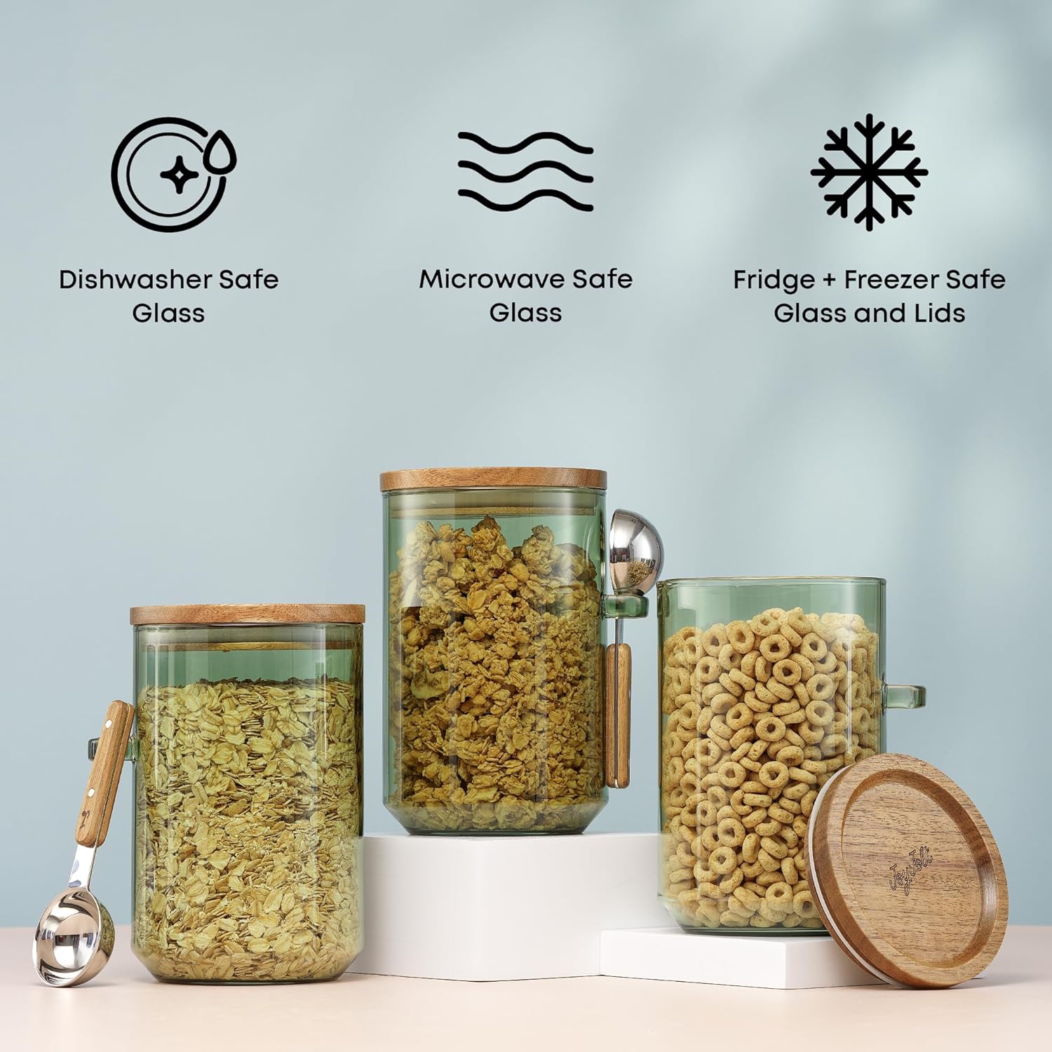 JoyJolt Holden 32oz Stackable Glass Storage Containers with Lids and Scoops, Airtight Food Canister Set of 3 w/Acacia Wood Lids, Round Stacking Pantry and Kitchen Containers w/Scoop | Sage Green